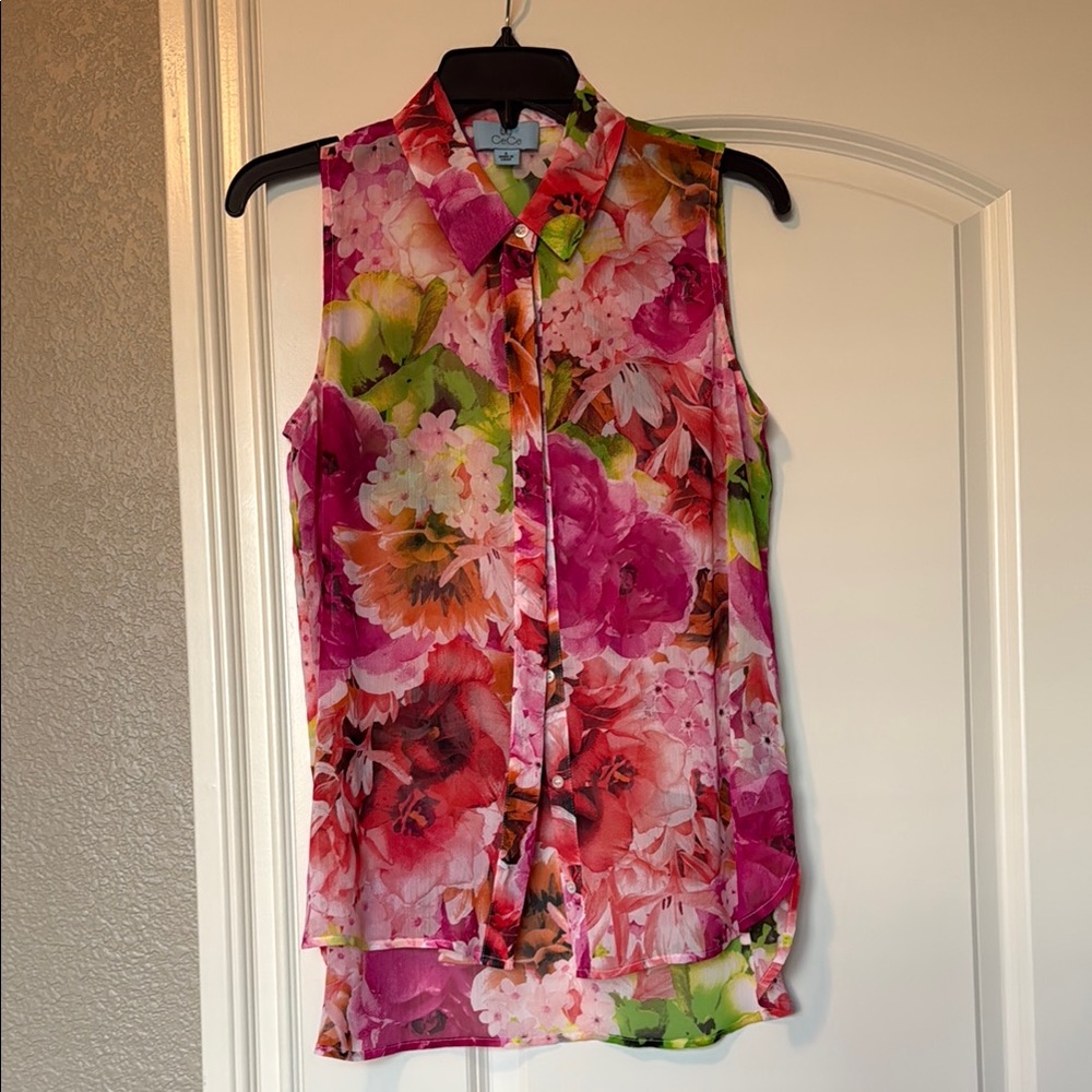 CeCe Vibrant Floral Sleeveless Blouse - Pink and Green
